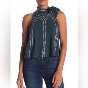 Free People Women's Sequined City Dark Turquoise Halter Tie Neck Top | Medium